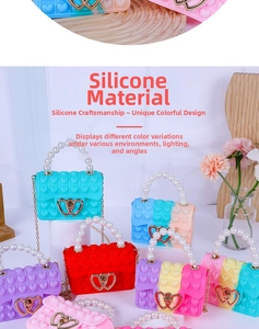 Detail of colorful silicone heart bubble bags with pearl handles and iridescent finish