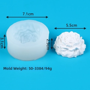 3D peony flower silicone mold for candle making showing mold dimensions and final product