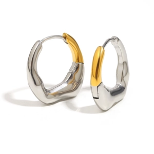 Minimalist irregular wavy hoop earrings in 18K gold and silver two-tone stainless steel
