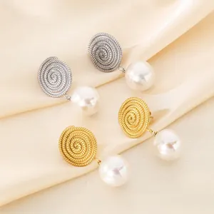 Vintage French Style Spiral Texture Stainless Steel Drop Earrings With Large Shell Artificial Pearl For Women Elegant Commuter Jewelry