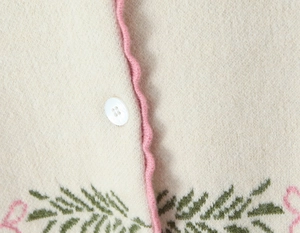 Detailed knit of cream cardigan with pink scalloped edges and floral jacquard patterns