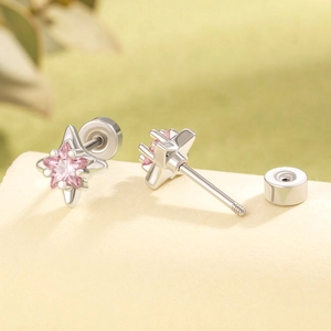 Titanium steel four-pointed star stud earring with pink zircon and screw back