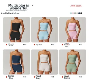 Détail de l'ensemble de yoga taille haute montrant six couleurs premium et tissu sans couture