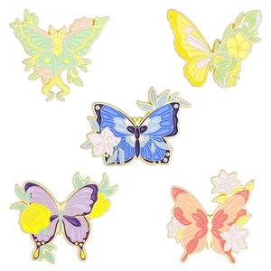 Five elegant floral butterfly enamel pins with colorful gold metal butterfly brooch set