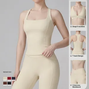 Women's 2-piece yoga set featuring V-neck sports bra and crossover waist leggings