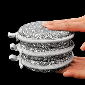 Silver Steel Wire Dishwashing Sponge Circular Kitchen Scouring Pad For Pots And Pans Cleaning Brush With Hanging Loop Durable