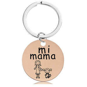 Detail of rose gold round pendant with mi mama engraving and mother daughter illustration