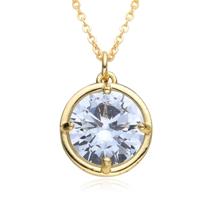 Close-up of square zircon pendant necklace featuring a round prong-set sparkling crystal