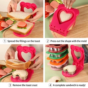 Heart-shaped sandwich cutter mold DIY steps for toast sealing and crust removal