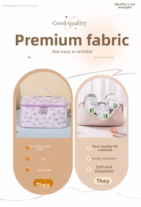 Detail showing the firm shape and textured floral fabric of this portable makeup bag