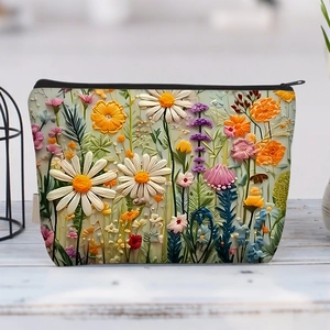 Trapez-Kosmetiktasche aus Leinwand mit 3D-Ölgemälde-Blumenmuster und schwarzem Zipper