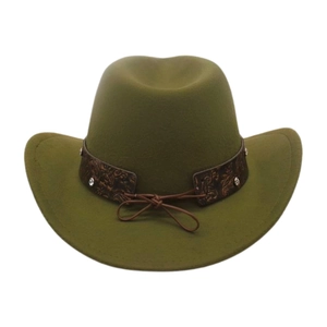 Detail of olive green cowboy hat featuring embossed leather band and metallic studs