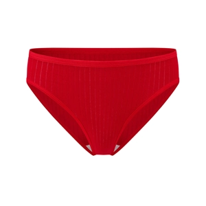 Solid red cotton ribbed women's briefs with mid-waist design and breathable texture