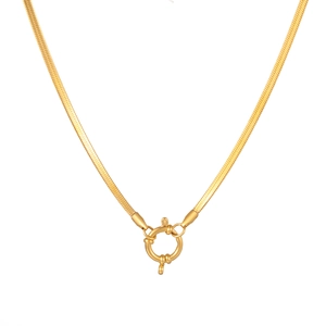 Flat gold snake chain necklace featuring a decorative large spring clasp with 18k plating