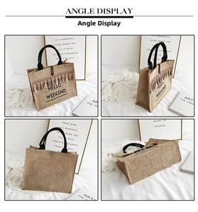 Detail display of large jute tote bag with Hello Weekend print and colorful tassels
