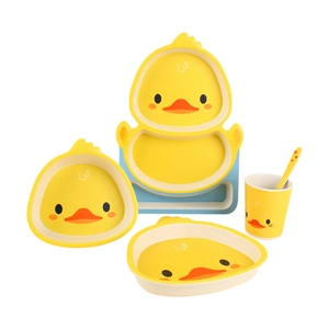 Cute yellow duck cartoon dinnerware set for kids including divided plate and bowl