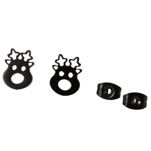 Minimalist black matte stainless steel reindeer stud earrings for women on white background