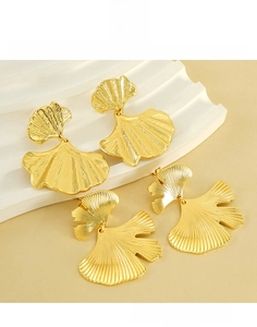 Detailed view of golden titanium steel ginkgo leaf earrings with fine vein textures