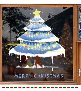Détail de stickers fenêtre sapin de Noël bleu avec étoiles et lumières festives