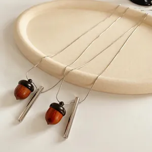 Long Pendant Necklace Wood Acorn And Metal Cylinder Silver Alloy Minimalist Retro Sweater Chain For Women