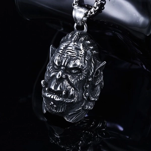 Punk style stainless steel orc skull pendant necklace with intricate facial textures