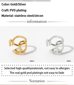 Detailed spec sheet showing gold and silver stainless steel rings with zircon settings
