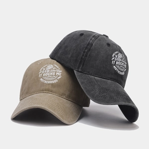 Washed cotton baseball caps in dark grey and khaki with Motherhood graphic print