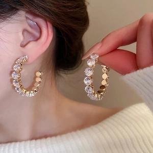C Shaped Hoop Earrings For Women Chic Geometric Alloy Rhinestone With 925 Sterling Silver Earring Post Sparkling
