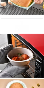 Heat-resistant grey silicone oven mitts with non-slip texture for baking and grilling