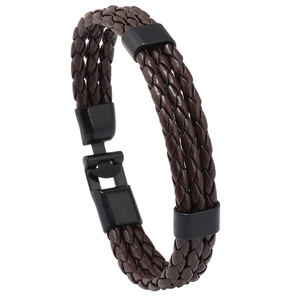 Retro multi-layer brown woven leather bracelet with black magnetic clasp for men
