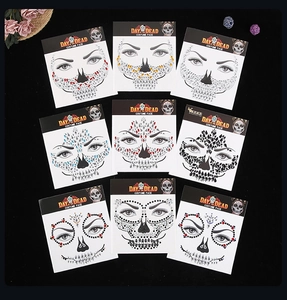 Selection of vibrant skull face gem stickers for Day of the Dead costume makeup