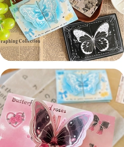 Detail of 3D butterfly pop-up greeting cards in blue and pink with vintage aesthetics