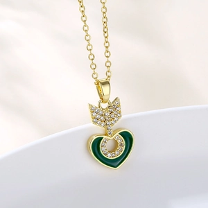 Heart Arrow Pendant Necklace Stainless Steel Chain 18K Gold Plated Zircon Green Enamel Arrowhead Punk Jewelry For Women