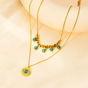 Doppellagige Goldhalskette mit türkisfarbenen Perlen und Evil Eye Anhänger Damen