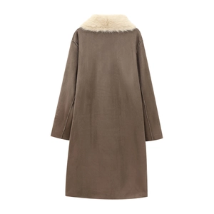 Brown reversible long coat with faux suede finish and plush white fur collar detail