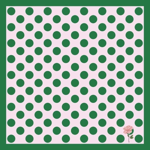 Detail of pink square silk scarf with green polka dots and rose floral pattern