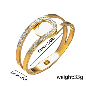 Bracelet manchette ouvert en acier titane doré avec strass brillants 61mm diamètre interne
