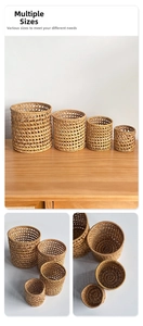 Detailed macro view of four round hand-woven rattan storage baskets in various sizes