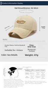 Guide des tailles de casquette de baseball montrant 56-60cm et détails du coton