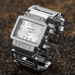Silver square quartz watch for women with hollow rhinestone-encrusted metal band