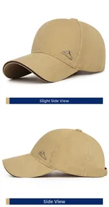 Detail view of khaki cotton baseball cap with mountain embroidery and brown brim piping