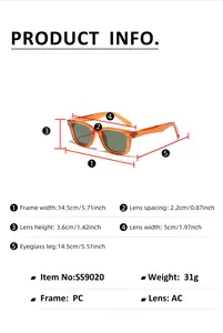 Detailed size chart for square sunglasses showing lens height, frame width, and leg length