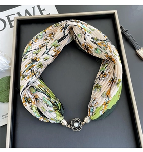 Detailed view of floral silk scarf with a pearl flower-shaped magnetic metal buckle