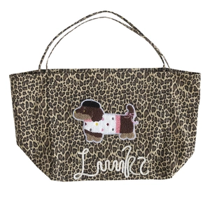 Vintage leopard print tote bag featuring a cute dachshund embroidery and thin straps