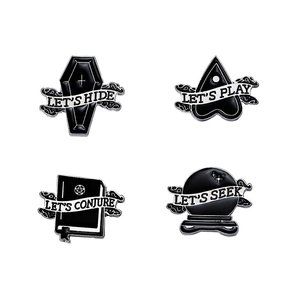 Set of 4 Gothic punk enamel pins featuring coffin, magic book, and crystal ball designs
