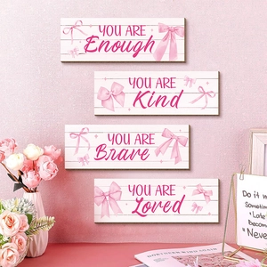 Wooden Wall Hanging Signs Pink Bow Ribbon Pattern Inspirational Quotes Girls Bedroom Nursery Bathroom Decor Aesthetic