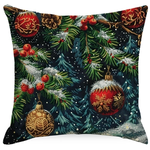 Christmas linen pillowcase with festive embroidery print of ornaments and pine needles