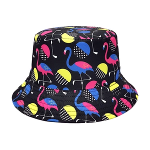 Flamingo Print Reversible Bucket Hat Polyester Wide Brim Summer Sun Protection Tropical Beach Vacation Hat For Adults