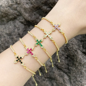 Cross Pendant Bracelet Gold Plated Copper With Colorful Cubic Zirconia Adjustable Slider Clasp Fashion Jewelry Women