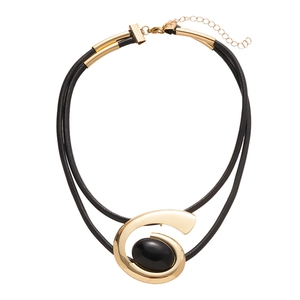 Collier vintage avec pendentif spirale doré, pierre noire et cordon double épaisseur